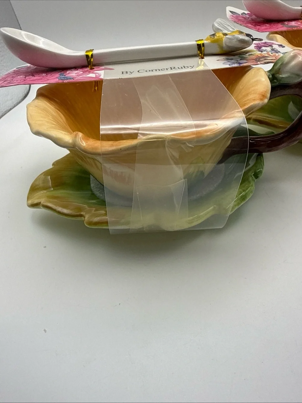 2 Corner Ruby Garden Collection Yellow Pansy Flower Cup & Leaf Saucer Bee Spoon